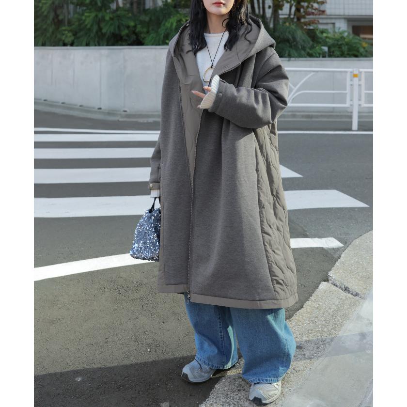 アウター コート 中綿 異素材 MIX レディース ロング ロングコート パーカー ブルゾン キルティング オーバー ハイネック フード ファスナー 羽織 あったか | HUG.U | 06