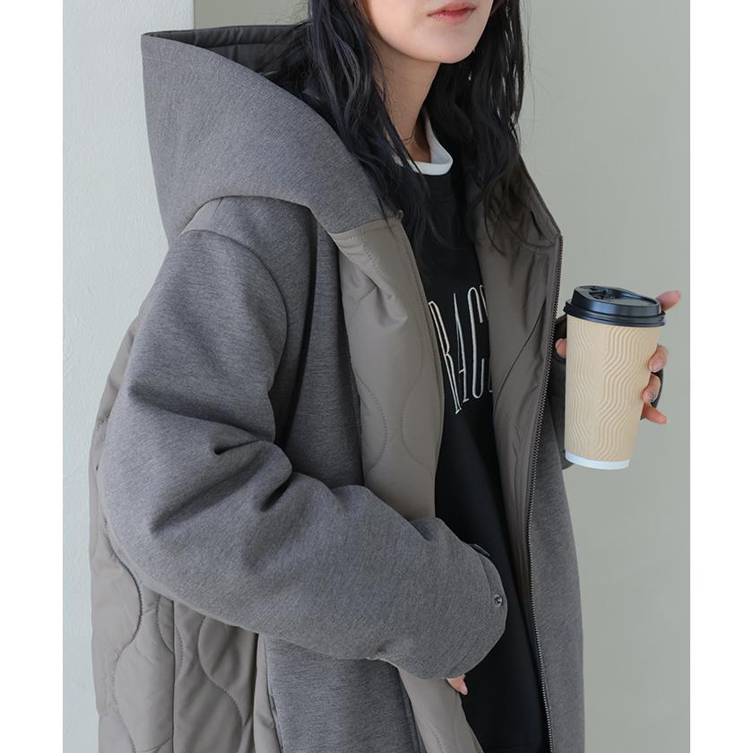 アウター コート 中綿 異素材 MIX レディース ロング ロングコート パーカー ブルゾン キルティング オーバー ハイネック フード ファスナー 羽織 あったか | HUG.U | 09