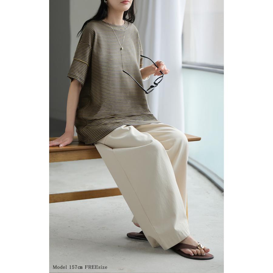 Tシャツ ボーダー もっちり レディース トップス カットソー 半袖 ティーシャツ メロウ加工 ボーダー柄 綿混 クルーネック チュニック | HUG.U | 17