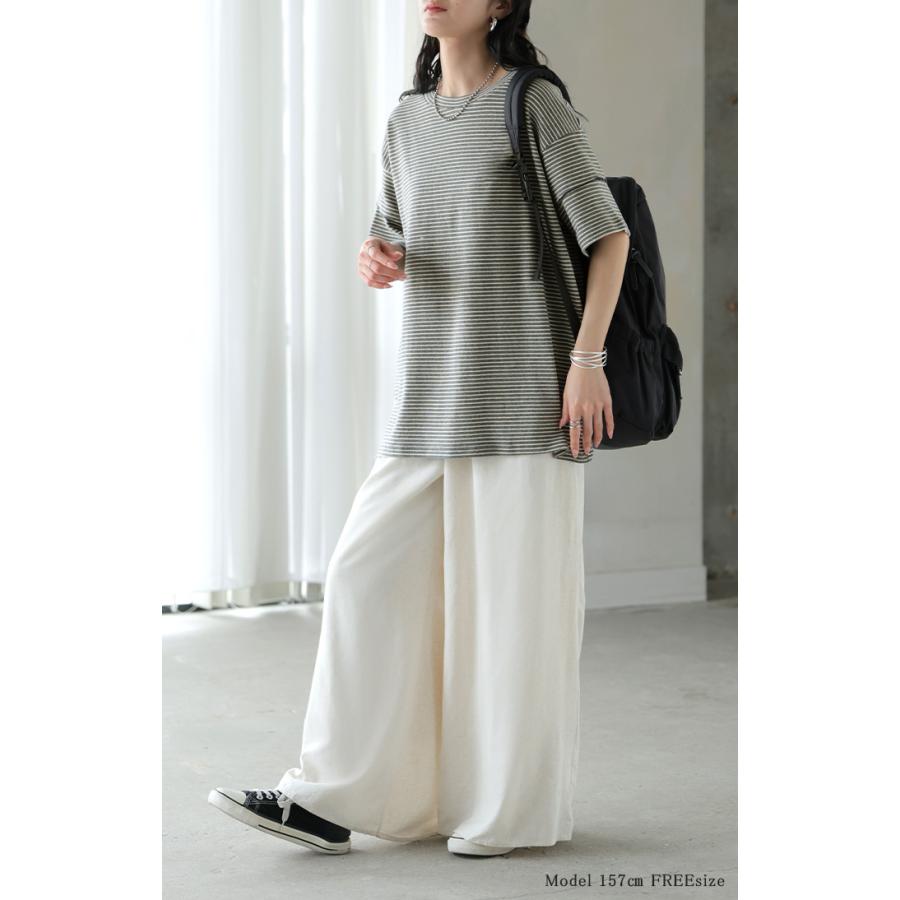 Tシャツ ボーダー もっちり レディース トップス カットソー 半袖 ティーシャツ メロウ加工 ボーダー柄 綿混 クルーネック チュニック | HUG.U | 20