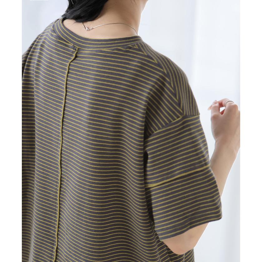 Tシャツ ボーダー もっちり レディース トップス カットソー 半袖 ティーシャツ メロウ加工 ボーダー柄 綿混 クルーネック チュニック | HUG.U | 22