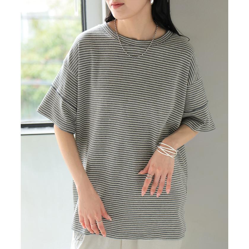 Tシャツ ボーダー もっちり レディース トップス カットソー 半袖 ティーシャツ メロウ加工 ボーダー柄 綿混 クルーネック チュニック | HUG.U | 07