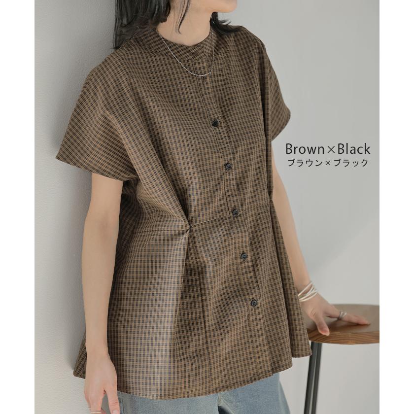 ブラウス フリル ワッシャー レディース トップス シャツ 半袖 シャツブラウス チュニック フレア フレンチスリーブ シワ加工 チェック ボタン ライトアウター | HUG.U | 12