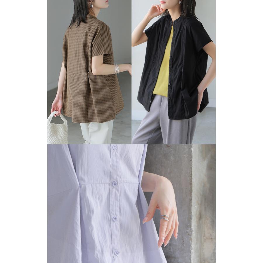 ブラウス フリル ワッシャー レディース トップス シャツ 半袖 シャツブラウス チュニック フレア フレンチスリーブ シワ加工 チェック ボタン ライトアウター | HUG.U | 20