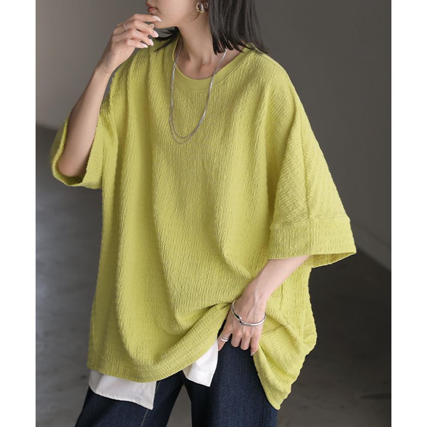 トップス アイロン不要 半袖 レディース Tシャツ プルオーバー カットソー シュリンク クルーネック ストレッチ シワになりにくい ドルマン ロング ロングT | HUG.U | 11