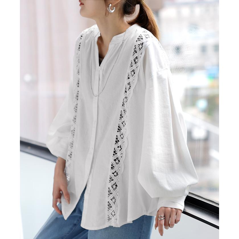 シャツ レース 刺繍 ドッキング レディース トップス ロング ブラウス ロングシャツ レースシャツ チュニック 羽織 長袖 スキッパー | HUG.U | 06