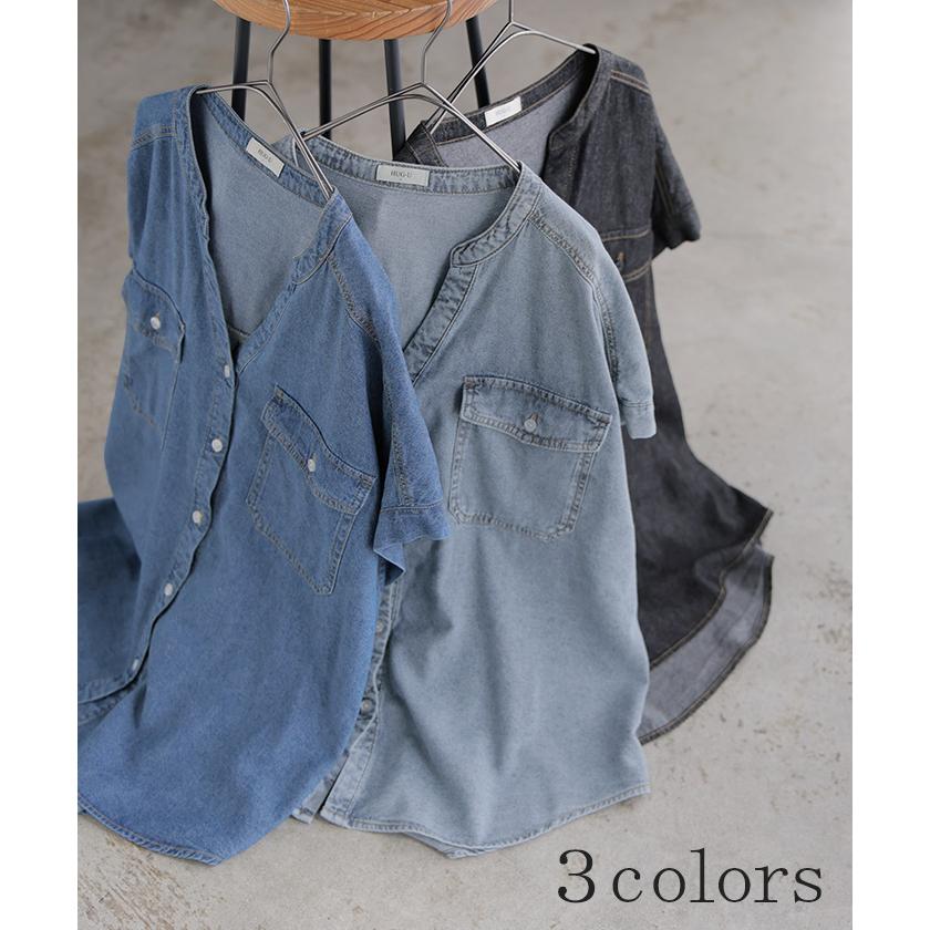 シャツ デニム 半袖 ブラウス レディース トップス ロング デニムシャツ ジーンズ Gジャン 涼しい Vネック 薄手 ライトオンス ヴィンテージ風 前開き 羽織り | HUG.U | 12