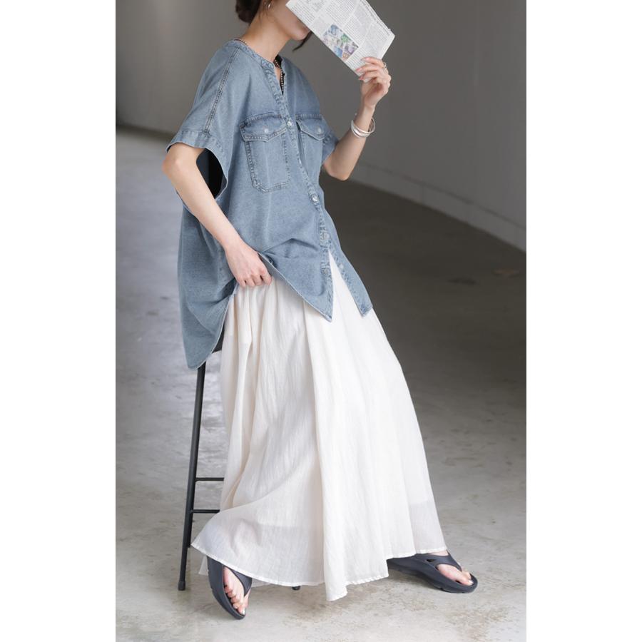 シャツ デニム 半袖 ブラウス レディース トップス ロング デニムシャツ ジーンズ Gジャン 涼しい Vネック 薄手 ライトオンス ヴィンテージ風 前開き 羽織り | HUG.U | 17