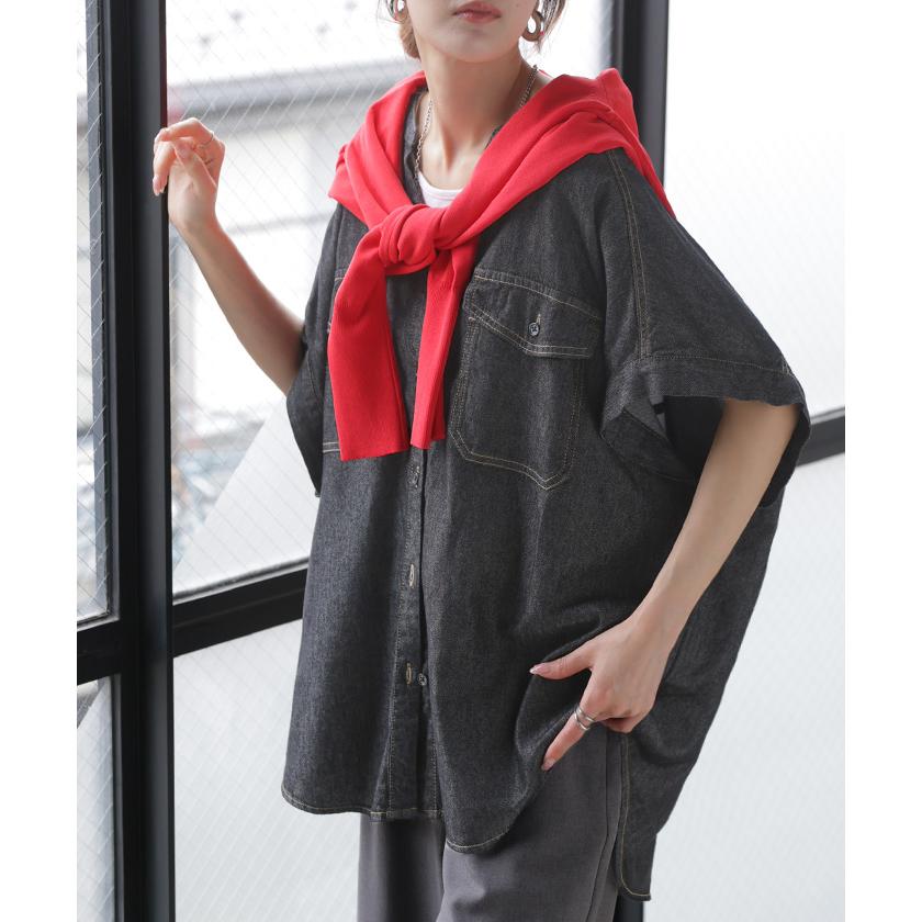 シャツ デニム 半袖 ブラウス レディース トップス ロング デニムシャツ ジーンズ Gジャン 涼しい Vネック 薄手 ライトオンス ヴィンテージ風 前開き 羽織り | HUG.U | 19