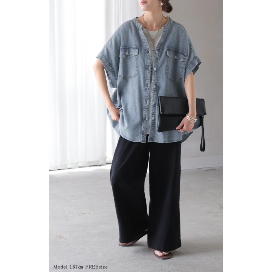 シャツ デニム 半袖 ブラウス レディース トップス ロング デニムシャツ ジーンズ Gジャン 涼しい Vネック 薄手 ライトオンス ヴィンテージ風 前開き 羽織り | HUG.U | 21