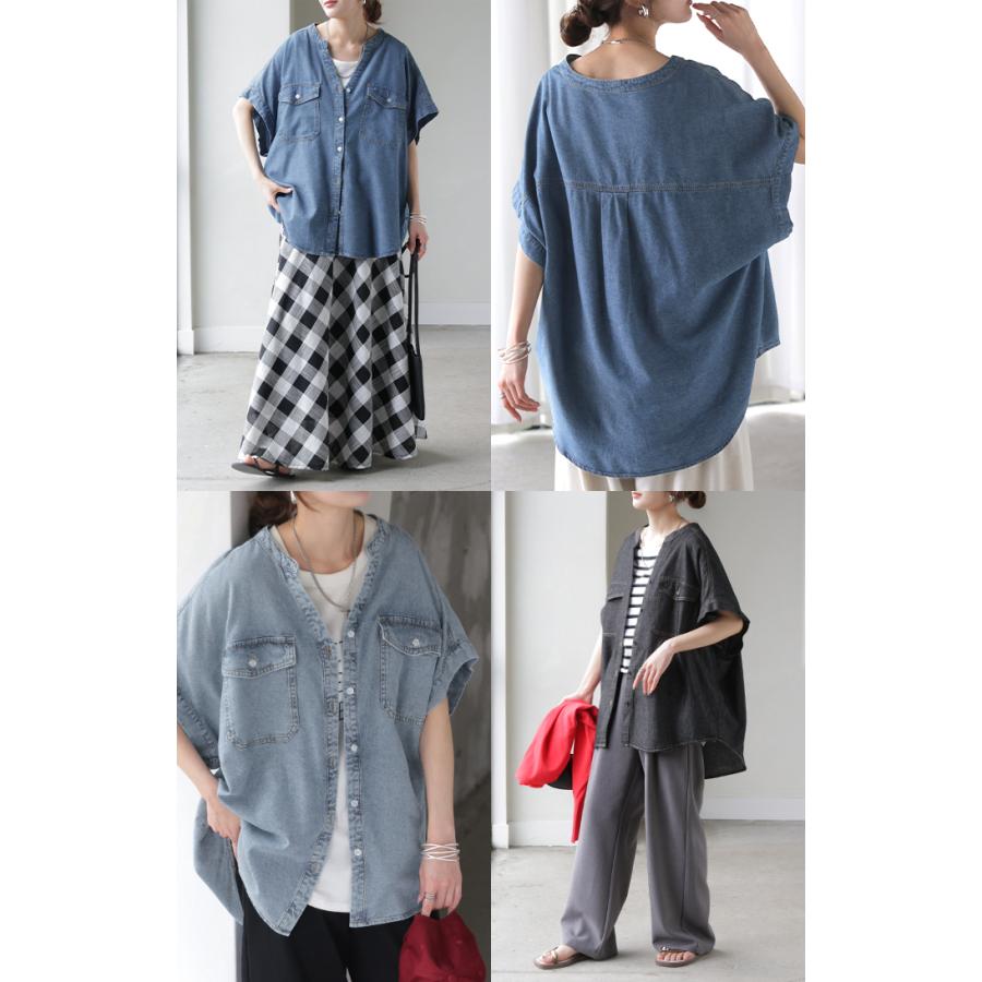 シャツ デニム 半袖 ブラウス レディース トップス ロング デニムシャツ ジーンズ Gジャン 涼しい Vネック 薄手 ライトオンス ヴィンテージ風 前開き 羽織り | HUG.U | 22