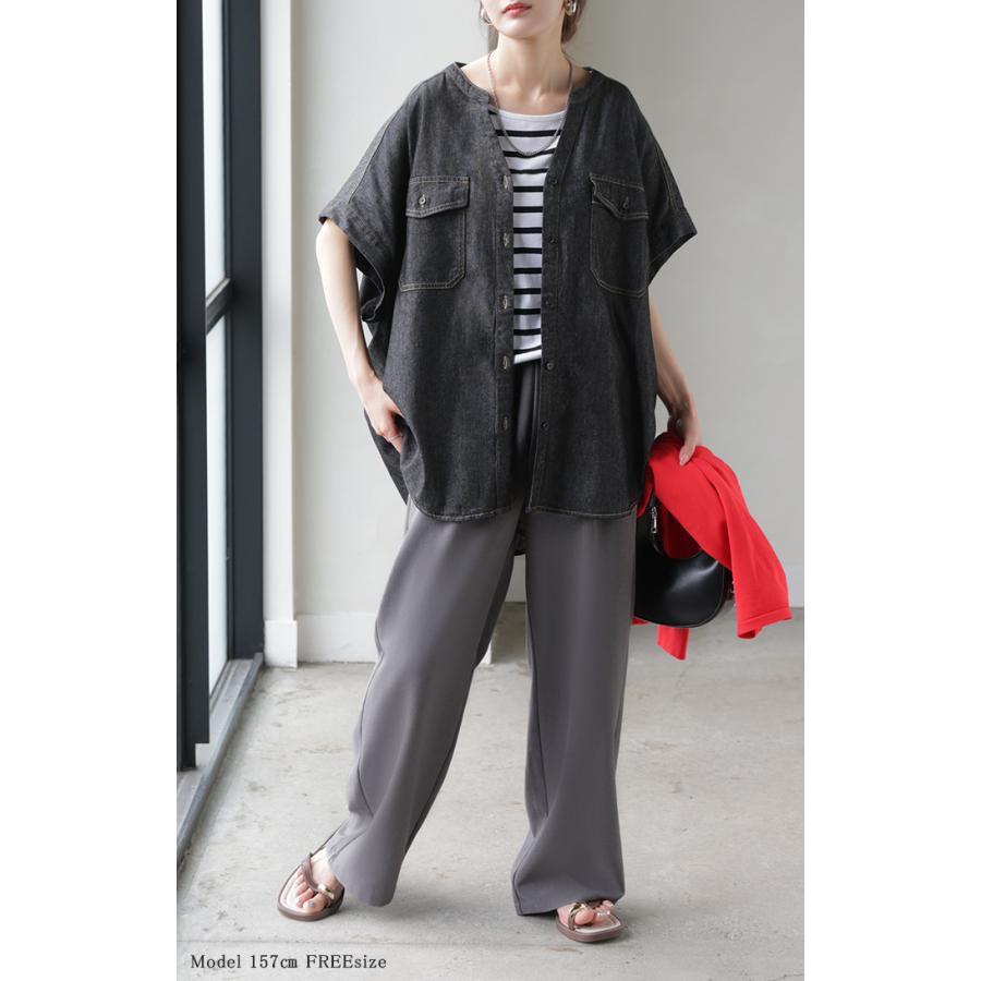 シャツ デニム 半袖 ブラウス レディース トップス ロング デニムシャツ ジーンズ Gジャン 涼しい Vネック 薄手 ライトオンス ヴィンテージ風 前開き 羽織り | HUG.U | 05