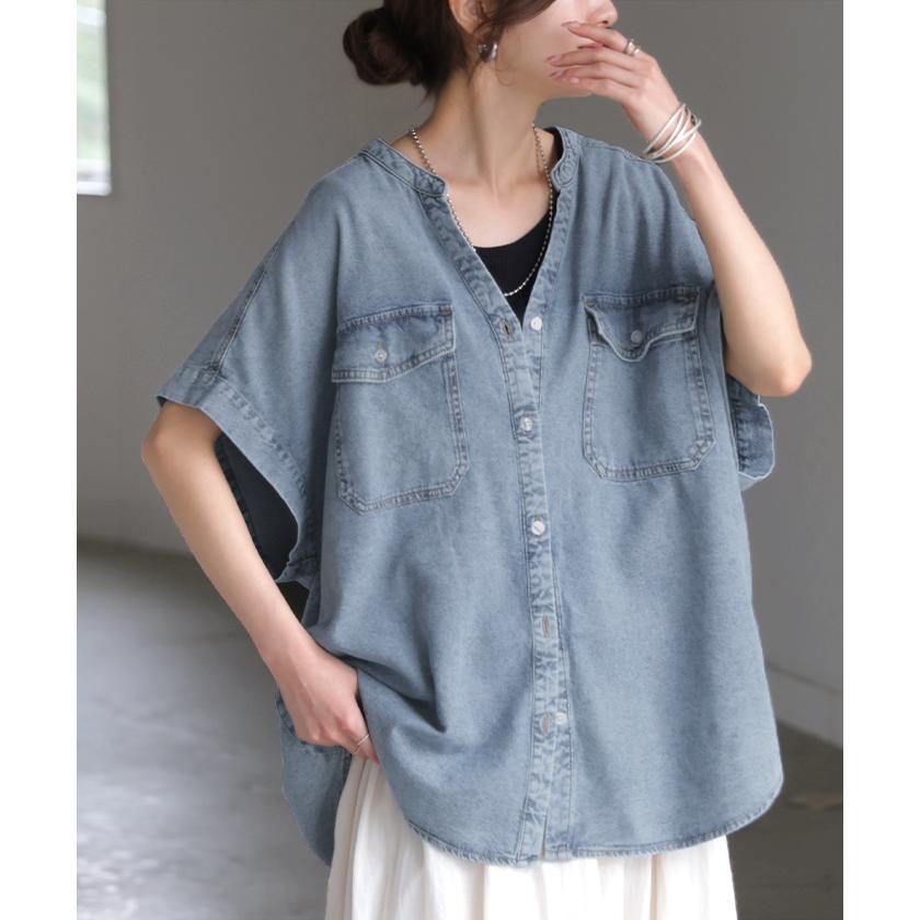 シャツ デニム 半袖 ブラウス レディース トップス ロング デニムシャツ ジーンズ Gジャン 涼しい Vネック 薄手 ライトオンス ヴィンテージ風 前開き 羽織り | HUG.U | 07