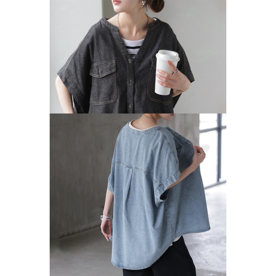 シャツ デニム 半袖 ブラウス レディース トップス ロング デニムシャツ ジーンズ Gジャン 涼しい Vネック 薄手 ライトオンス ヴィンテージ風 前開き 羽織り | HUG.U | 10