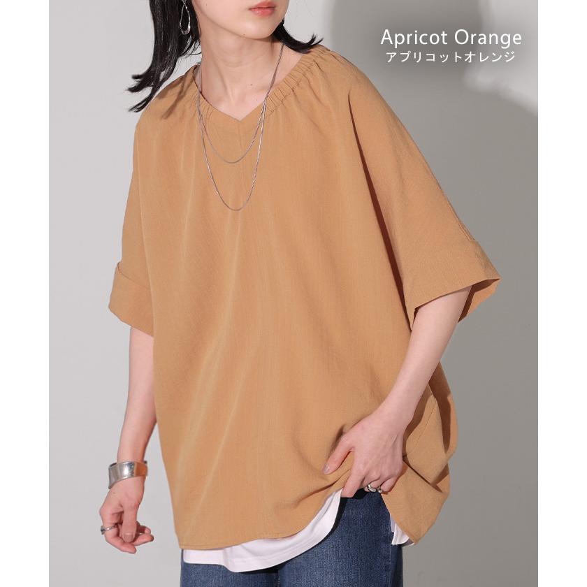 ブラウス Vネック レディース トップス ロング シャツ チュニック カットソー ロングシャツ 半袖 無地 カジュアル きれいめ 薄手 スラブ生地 | HUG.U | 15