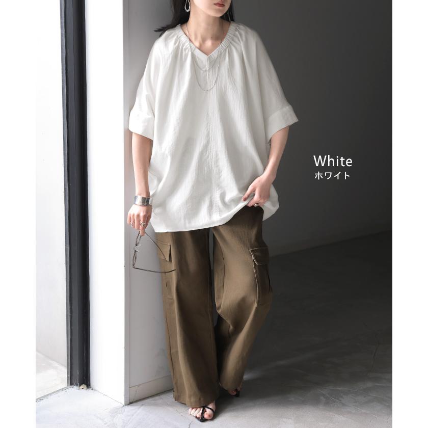 ブラウス Vネック レディース トップス ロング シャツ チュニック カットソー ロングシャツ 半袖 無地 カジュアル きれいめ 薄手 スラブ生地 | HUG.U | 16