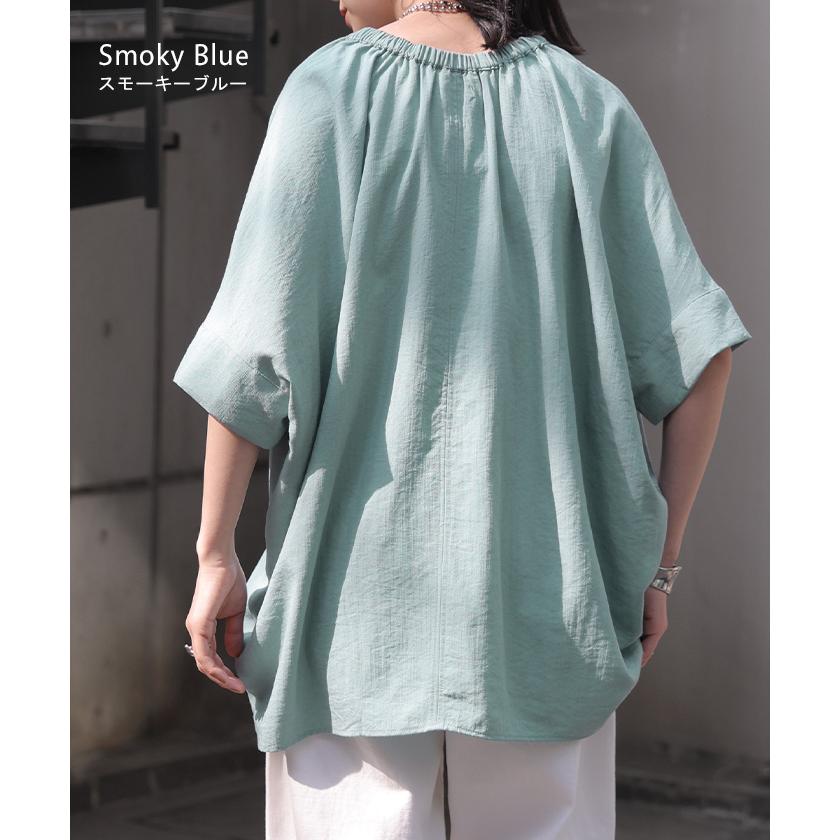 ブラウス Vネック レディース トップス ロング シャツ チュニック カットソー ロングシャツ 半袖 無地 カジュアル きれいめ 薄手 スラブ生地 | HUG.U | 18