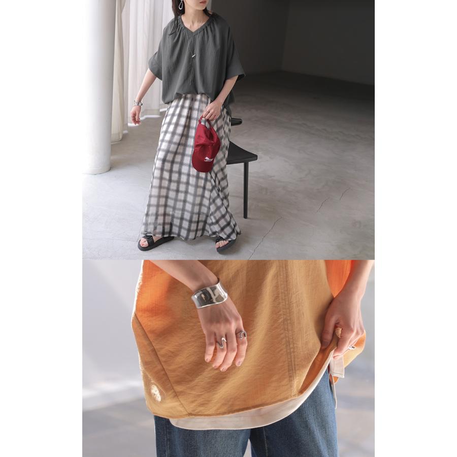 ブラウス Vネック レディース トップス ロング シャツ チュニック カットソー ロングシャツ 半袖 無地 カジュアル きれいめ 薄手 スラブ生地 | HUG.U | 22