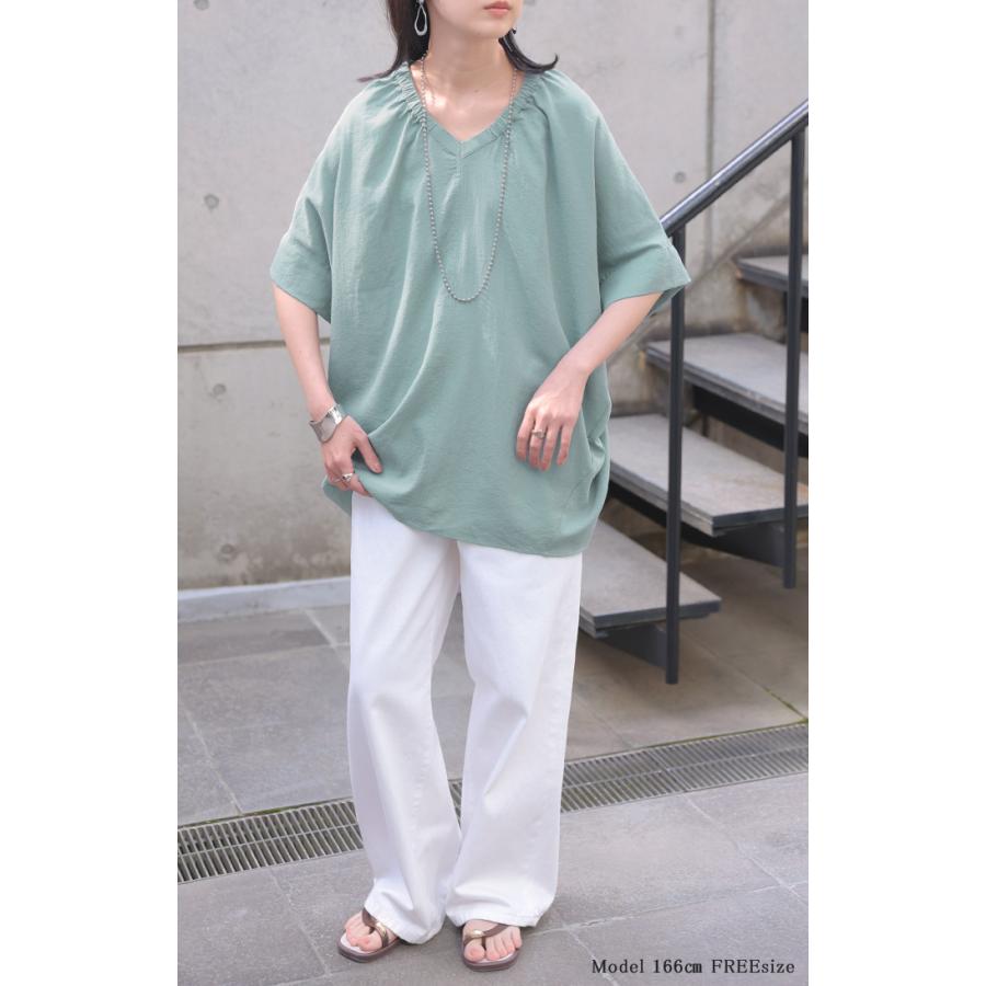 ブラウス Vネック レディース トップス ロング シャツ チュニック カットソー ロングシャツ 半袖 無地 カジュアル きれいめ 薄手 スラブ生地 | HUG.U | 24
