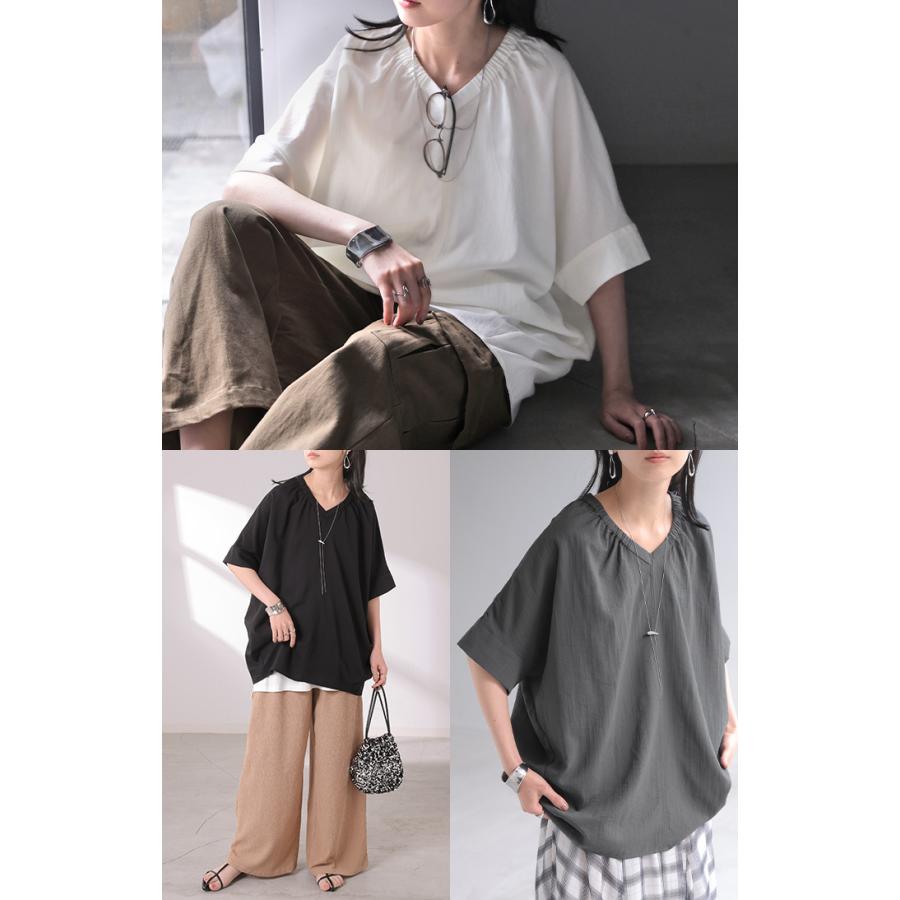 ブラウス Vネック レディース トップス ロング シャツ チュニック カットソー ロングシャツ 半袖 無地 カジュアル きれいめ 薄手 スラブ生地 | HUG.U | 07