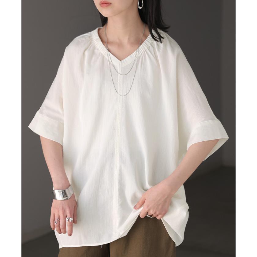 ブラウス Vネック レディース トップス ロング シャツ チュニック カットソー ロングシャツ 半袖 無地 カジュアル きれいめ 薄手 スラブ生地 | HUG.U | 09