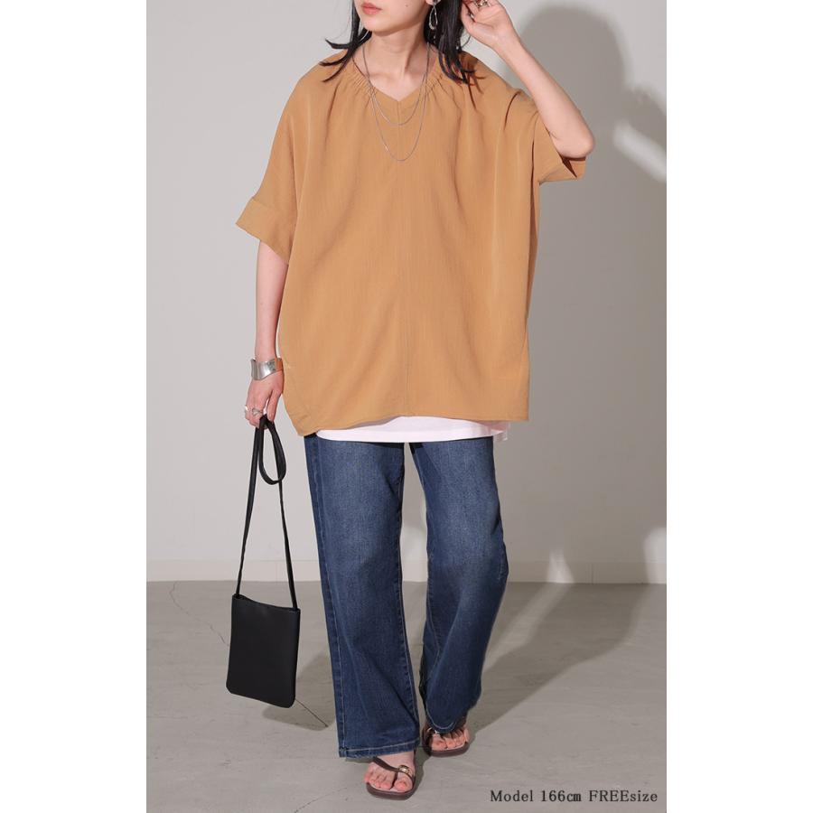 ブラウス Vネック レディース トップス ロング シャツ チュニック カットソー ロングシャツ 半袖 無地 カジュアル きれいめ 薄手 スラブ生地 | HUG.U | 12