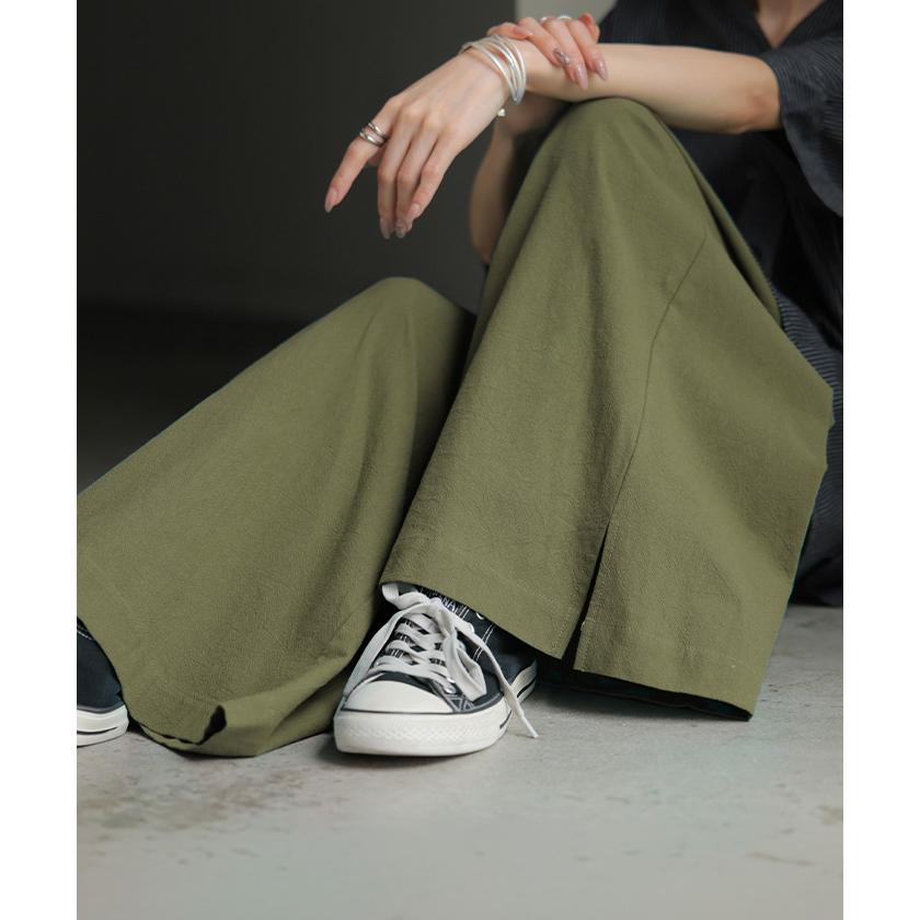 パンツ 綿100 ロング レディース ワイド ワイドパンツ ロングパンツ 涼しい 透けない コットン ハイウエスト ウエストゴム カラーパンツ イージー 体型カバー | HUG.U | 10