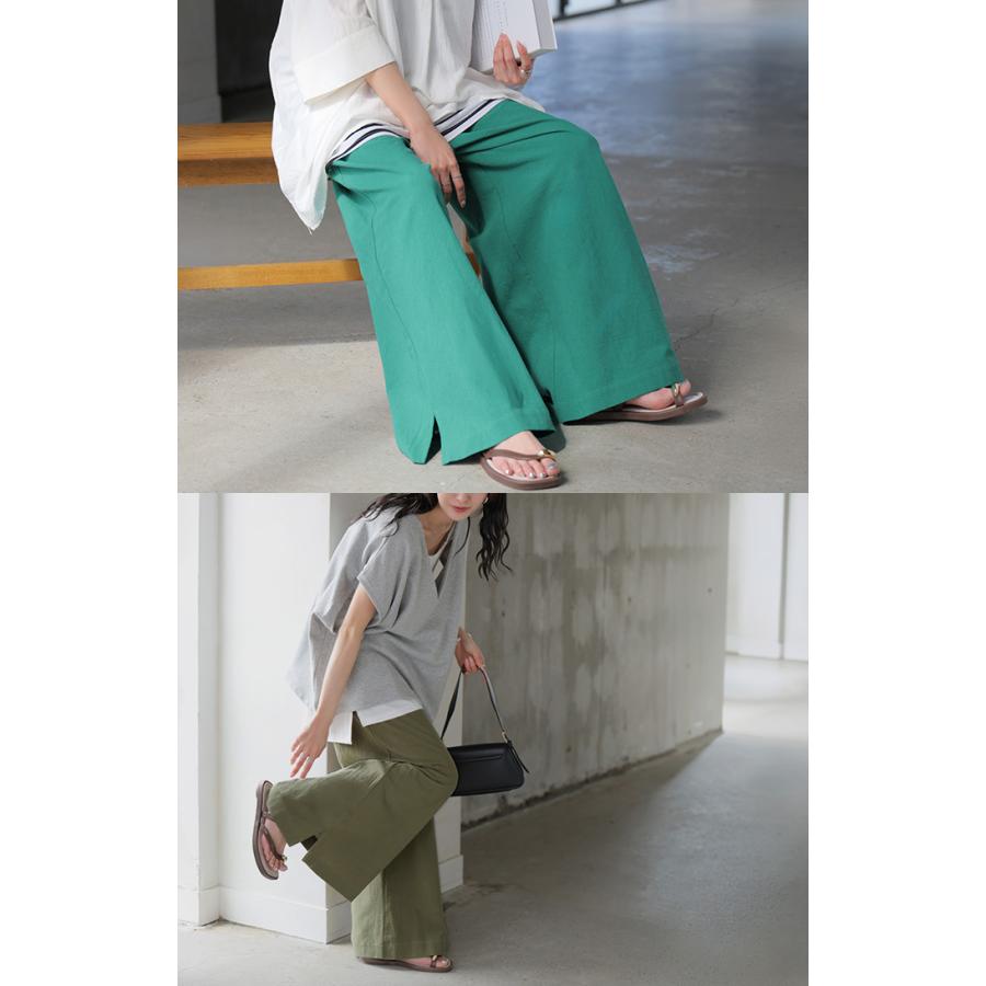 パンツ 綿100 ロング レディース ワイド ワイドパンツ ロングパンツ 涼しい 透けない コットン ハイウエスト ウエストゴム カラーパンツ イージー 体型カバー | HUG.U | 13