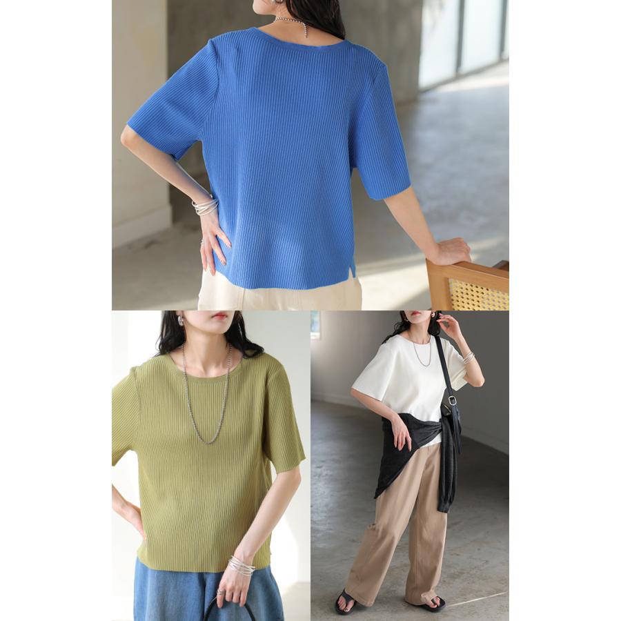 ニット リブ 半袖 レディース トップス サマーニット リブニット 半袖ニット 洗えるニット プルオーバー クルーネック 洗濯機 洗える ウォッシャブル すっきり | HUG.U | 13