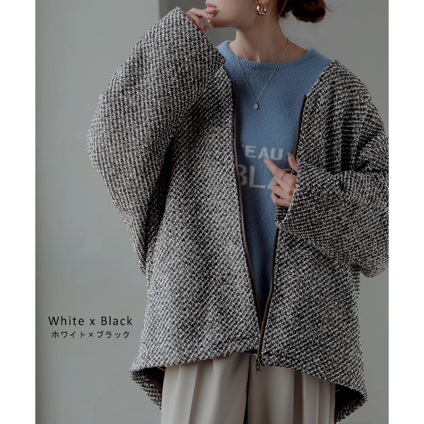 コート ツイード ドルマン ジャケット アウター レディース ツイードジャケット ロング ノーカラー Vネック 袖口ボタン チュニック オーバーサイズ 大きいサイズ | HUG.U | 13