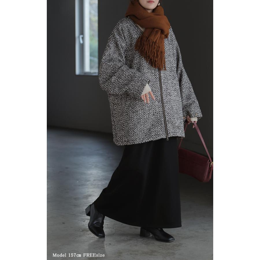 コート ツイード ドルマン ジャケット アウター レディース ツイードジャケット ロング ノーカラー Vネック 袖口ボタン チュニック オーバーサイズ 大きいサイズ | HUG.U | 15