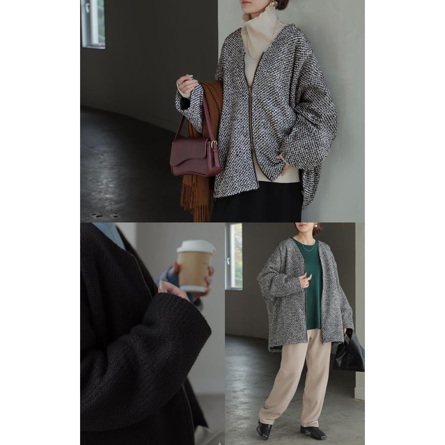 コート ツイード ドルマン ジャケット アウター レディース ツイードジャケット ロング ノーカラー Vネック 袖口ボタン チュニック オーバーサイズ 大きいサイズ | HUG.U | 20