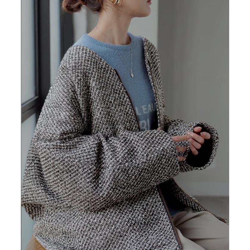 コート ツイード ドルマン ジャケット アウター レディース ツイードジャケット ロング ノーカラー Vネック 袖口ボタン チュニック オーバーサイズ 大きいサイズ | HUG.U | 04