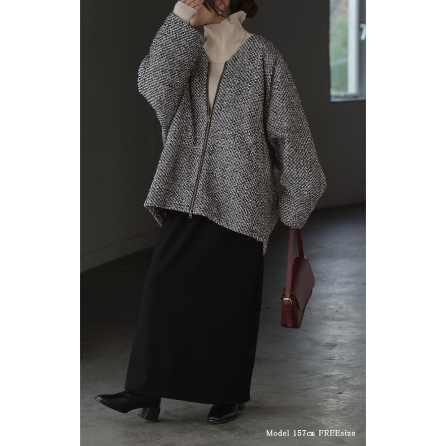 コート ツイード ドルマン ジャケット アウター レディース ツイードジャケット ロング ノーカラー Vネック 袖口ボタン チュニック オーバーサイズ 大きいサイズ | HUG.U | 06