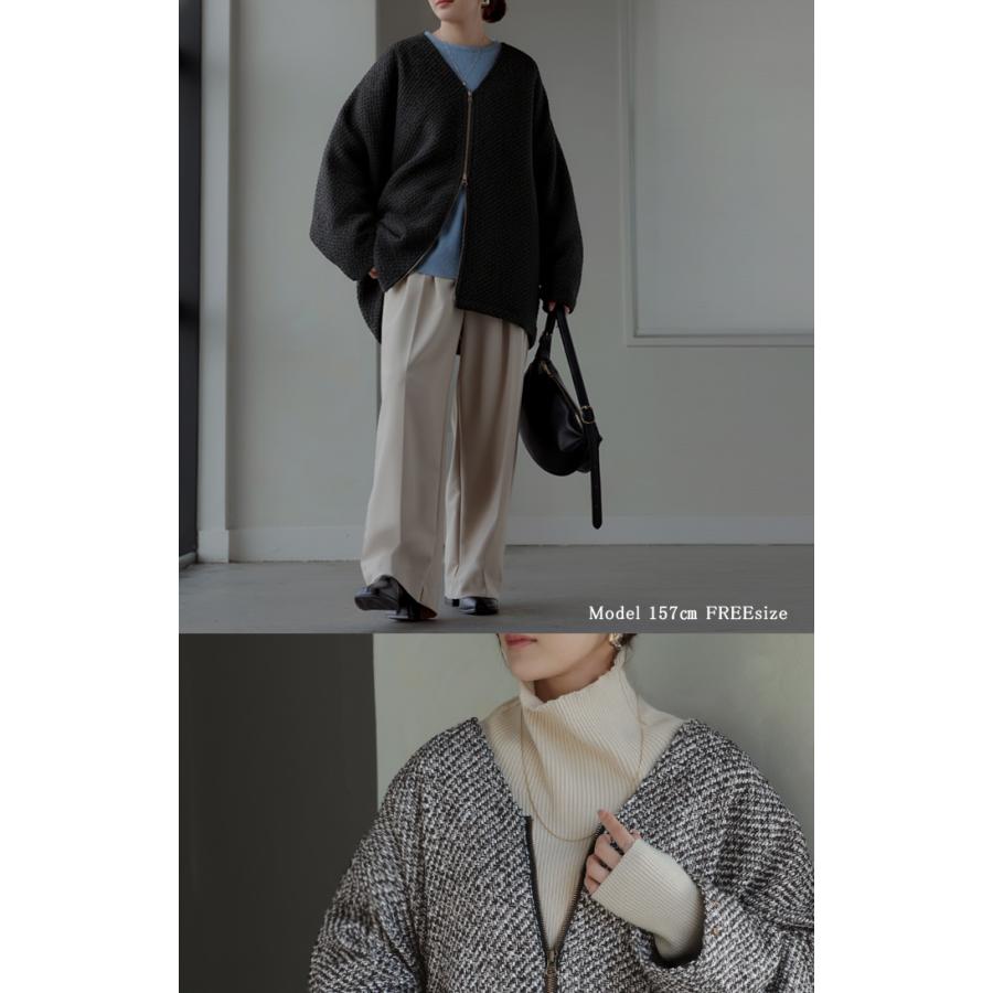 コート ツイード ドルマン ジャケット アウター レディース ツイードジャケット ロング ノーカラー Vネック 袖口ボタン チュニック オーバーサイズ 大きいサイズ | HUG.U | 08