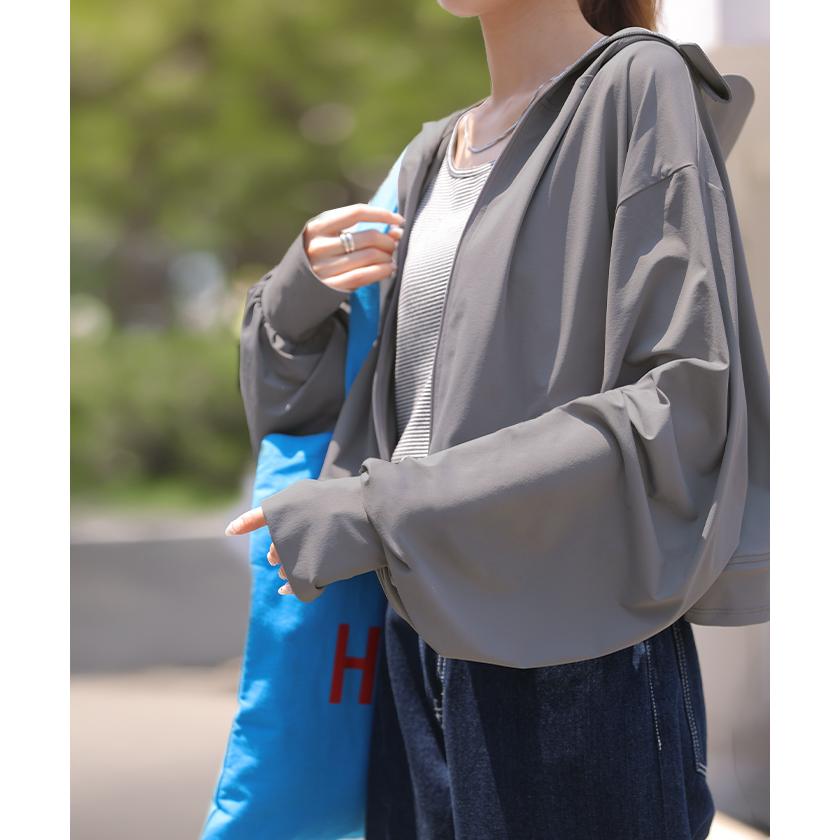 UVカットパーカー 遮へい率99.9％以上 2way つば付き UVカット パーカー 接触冷感 ロング アウター レディース ライトアウター トップス フード 指穴 吸水 速乾 | HUG.U | 21