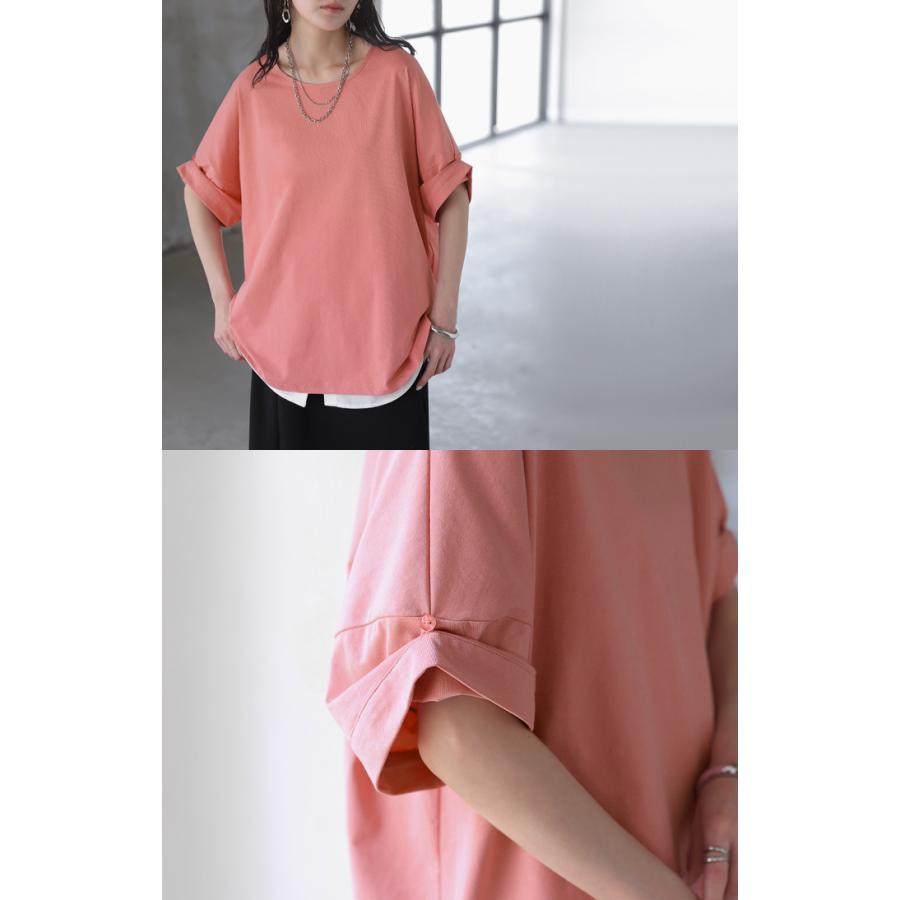 Tシャツ 体感-2℃ 接触冷感 レディース トップス 半袖 ロング カットソー チュニック ロールアップ 袖 袖2WAY クルーネック 涼しい ひんやり イージーケア | HUG.U | 18