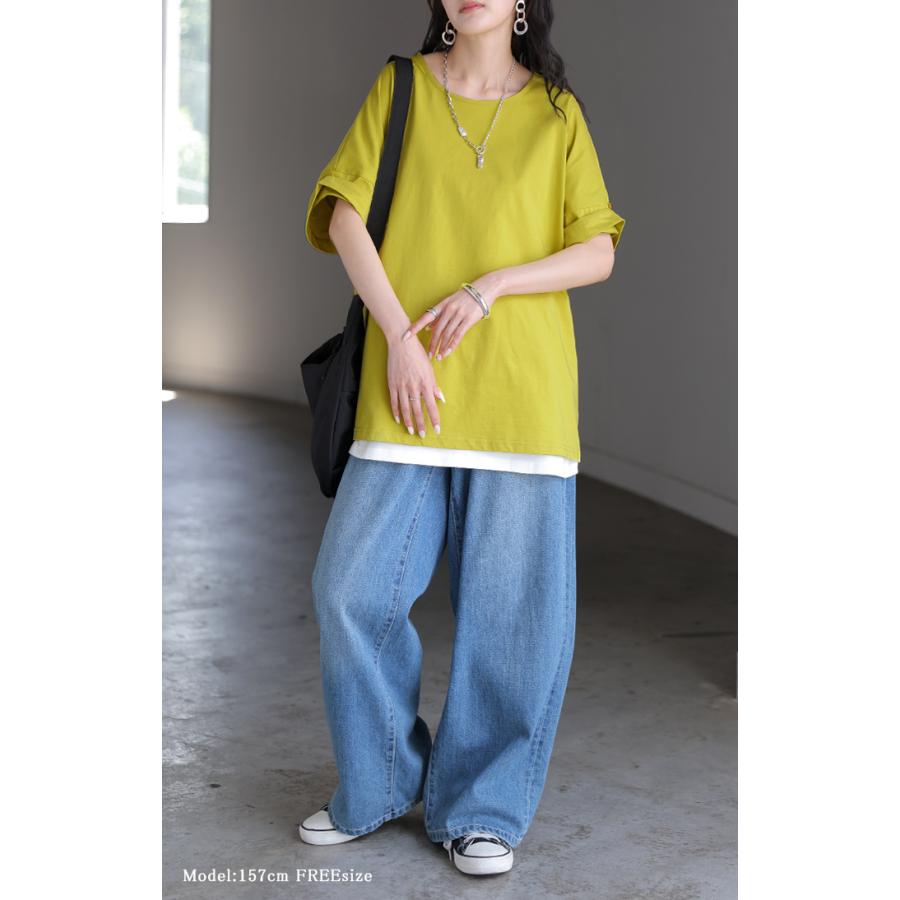 Tシャツ 体感-2℃ 接触冷感 レディース トップス 半袖 ロング カットソー チュニック ロールアップ 袖 袖2WAY クルーネック 涼しい ひんやり イージーケア | HUG.U | 23