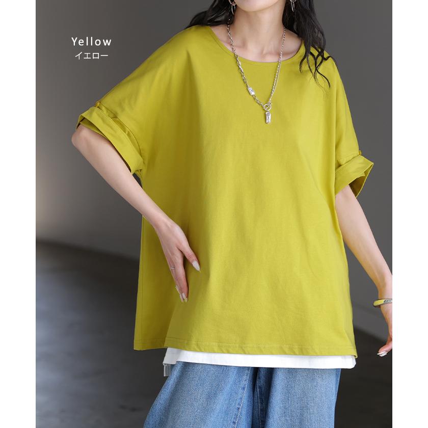 Tシャツ 体感-2℃ 接触冷感 レディース トップス 半袖 ロング カットソー チュニック ロールアップ 袖 袖2WAY クルーネック 涼しい ひんやり イージーケア | HUG.U | 24