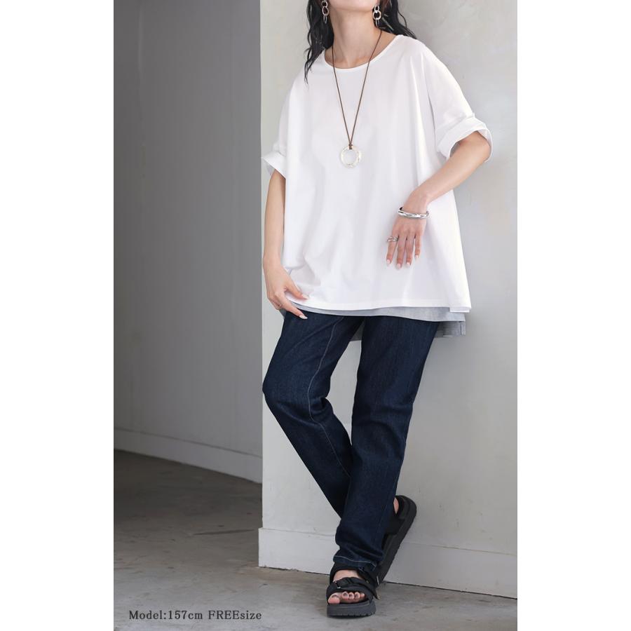 Tシャツ 体感-2℃ 接触冷感 レディース トップス 半袖 ロング カットソー チュニック ロールアップ 袖 袖2WAY クルーネック 涼しい ひんやり イージーケア | HUG.U | 08