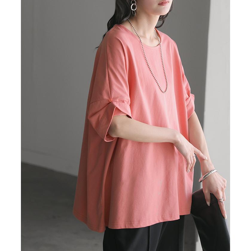 Tシャツ 体感-2℃ 接触冷感 レディース トップス 半袖 ロング カットソー チュニック ロールアップ 袖 袖2WAY クルーネック 涼しい ひんやり イージーケア | HUG.U | 09
