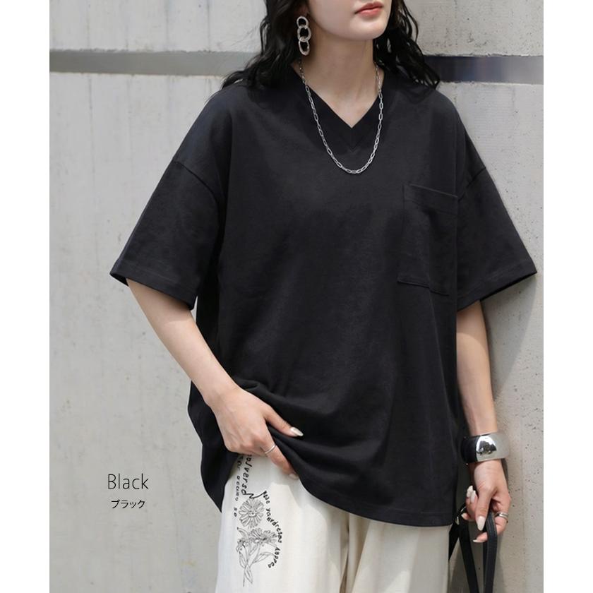 Tシャツ 汗ジミ軽減 綿100 レディース トップス ロング ティーシャツ チュニック プルオーバー オーバー ビッグ Vネック 吸水 撥水 | HUG.U | 18