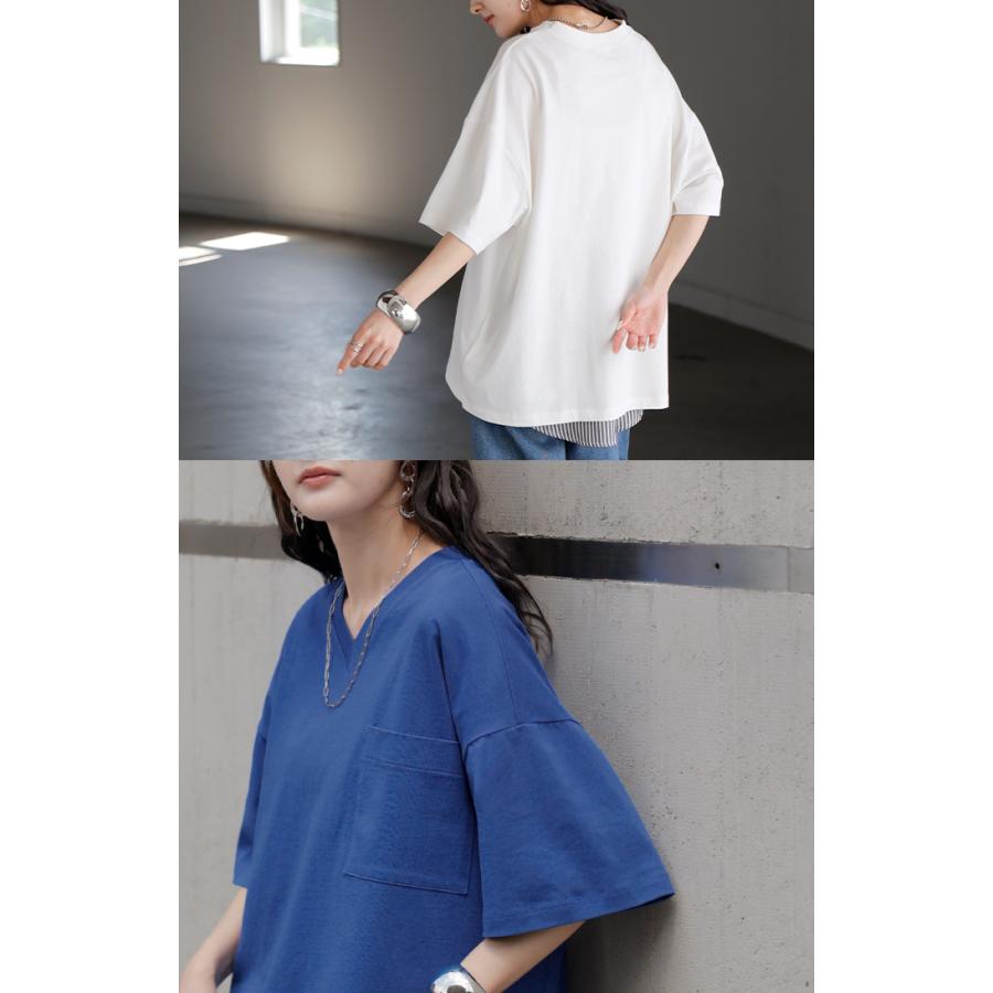 Tシャツ 汗ジミ軽減 綿100 レディース トップス ロング ティーシャツ チュニック プルオーバー オーバー ビッグ Vネック 吸水 撥水 | HUG.U | 19