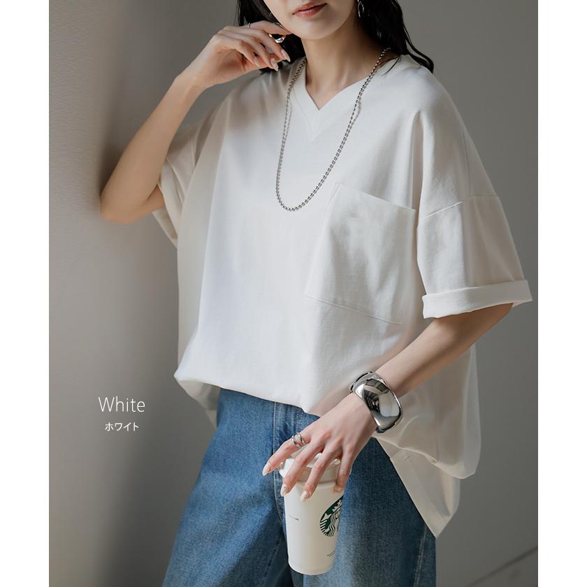 Tシャツ 汗ジミ軽減 綿100 レディース トップス ロング ティーシャツ チュニック プルオーバー オーバー ビッグ Vネック 吸水 撥水 | HUG.U | 22