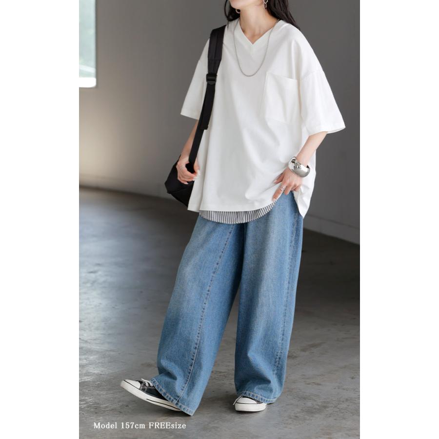 Tシャツ 汗ジミ軽減 綿100 レディース トップス ロング ティーシャツ チュニック プルオーバー オーバー ビッグ Vネック 吸水 撥水 | HUG.U | 07