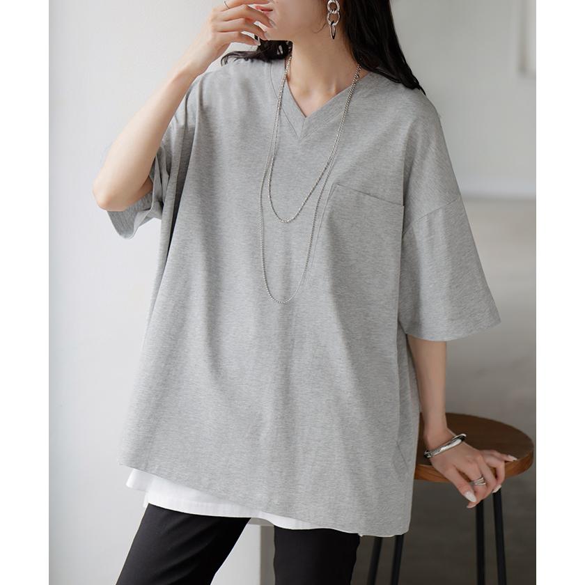 Tシャツ 汗ジミ軽減 綿100 レディース トップス ロング ティーシャツ チュニック プルオーバー オーバー ビッグ Vネック 吸水 撥水 | HUG.U | 09