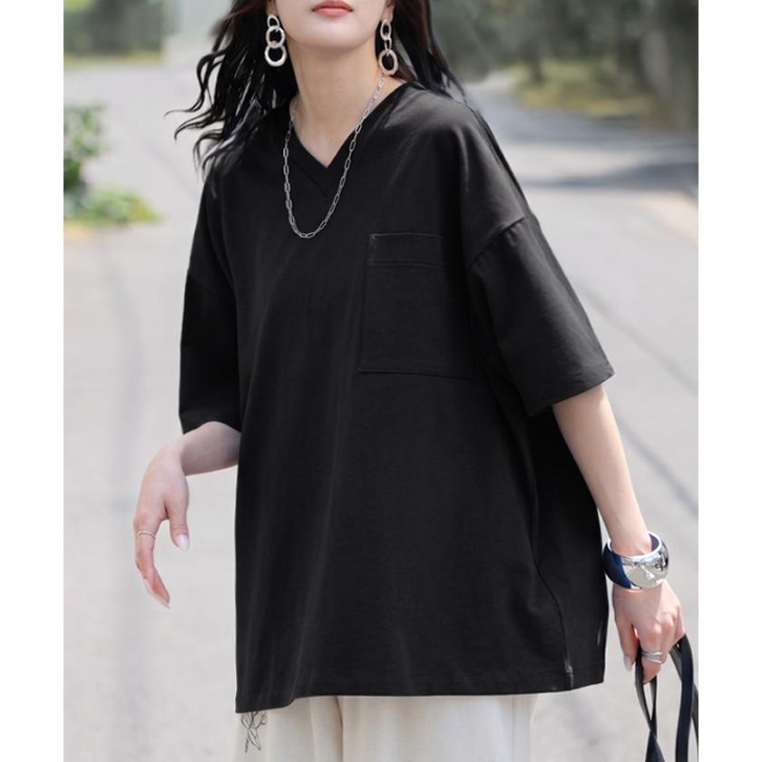 Tシャツ 汗ジミ軽減 綿100 レディース トップス ロング ティーシャツ チュニック プルオーバー オーバー ビッグ Vネック 吸水 撥水 | HUG.U | 13