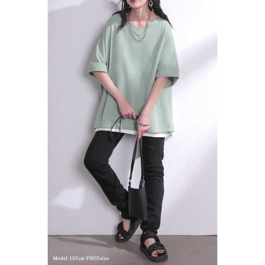Tシャツ 汗ジミ軽減 綿100 レディース トップス カットソー ティーシャツ チュニック Vネック コットン 汗染み防止 吸水 撥水 脇汗 汗 背中 猛暑 ロールアップ | HUG.U | 14