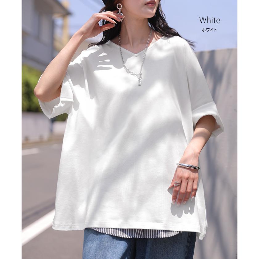 Tシャツ 汗ジミ軽減 綿100 レディース トップス カットソー ティーシャツ チュニック Vネック コットン 汗染み防止 吸水 撥水 脇汗 汗 背中 猛暑 ロールアップ | HUG.U | 21