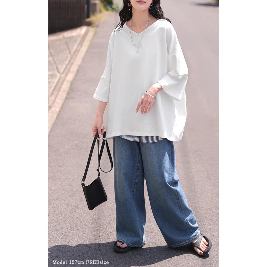 Tシャツ 汗ジミ軽減 綿100 レディース トップス カットソー ティーシャツ チュニック Vネック コットン 汗染み防止 吸水 撥水 脇汗 汗 背中 猛暑 ロールアップ | HUG.U | 24